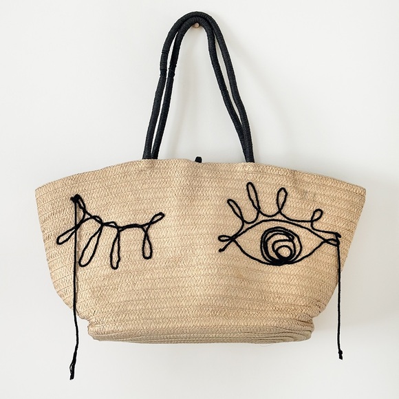 H&M Handbags - H&M Winky Face Straw Tote Bag | Oversized Beach Market Tote